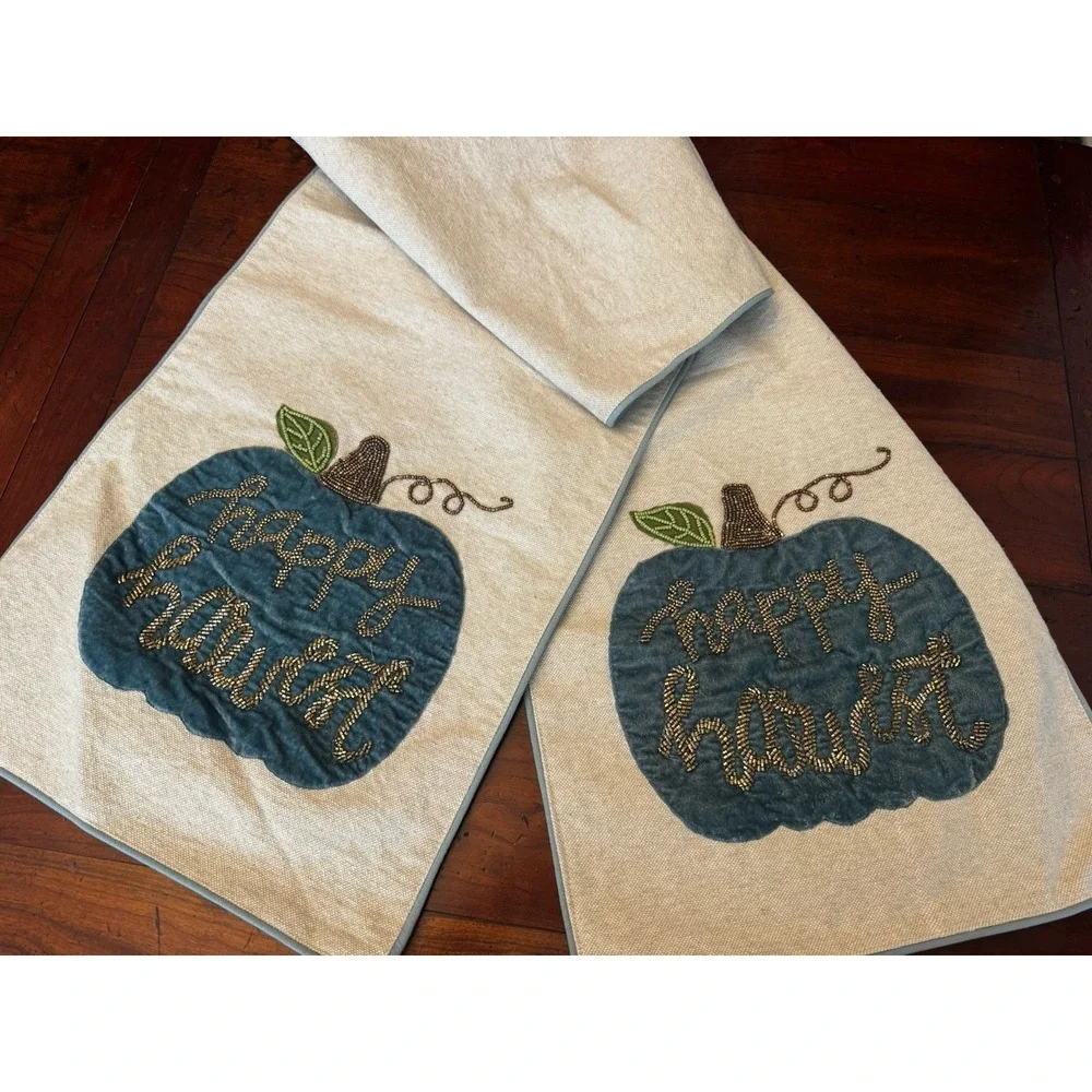 Nicole Miller Happy Harvest Blue Gold Beaded Pumpkin Table Runner 72